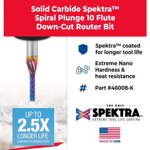 Spektra Coated Solid Carbide Down Cut Router Bit For Carbon Fiber Panels And Graphite, 1/8 Dia, 1/2 Cutting Height