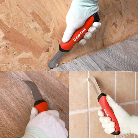 Stainless Steel Roofing And Flooring Knife Soft Grip For Carpet And Linoleum being used on wood, floor, and tile surfaces.