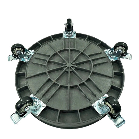 Heavy-Duty Plastic Drum Dolly For 30 And 55 Gallon Drums, 900 Lb Capacity, bottom view showing swivel casters and brake
