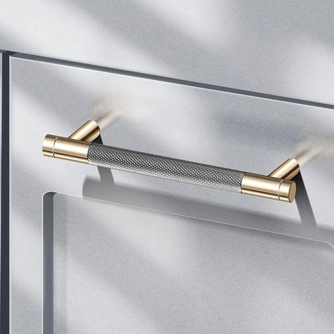 12 Pack 5 Inch Center To Center Drawer Pulls With 6 Inch Overall Length Round Aluminum Cabinet Handles In Gold Nickel Oxidation Finish And Diamond Pattern Includes 56 Screws installed on cabinet