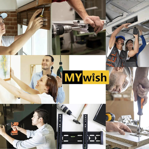 Collage of people using tools for DIY projects, featuring images of installation and drilling tasks, with "MYwish" brand logo.