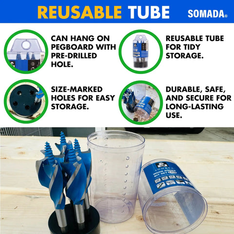 Auger Drill Bit Set For Wood, Five Piece Including One Half Inch, Five Eighths Inch, Three Quarters Inch, Seven Eighths Inch And One Inch, Four Inch Long With Quick Change Shanks, Storage Case, Impact Drill Ready, Pro Grade DIY Projects By SOMADA displayed with reusable storage tube
