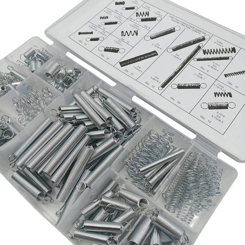 200-piece spring assortment kit with zinc-plated steel compression and extension springs in 20 sizes, in a clear plastic case.
