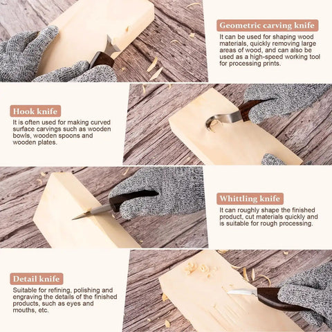 Beginner Friendly Wood Carving Kit Dope 10 Piece Set with carving knives demonstrating different wood shaping techniques
