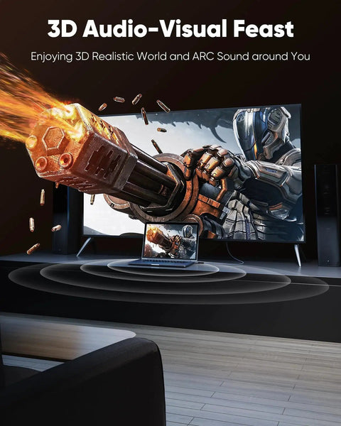 Entertainment setup with 3D gaming on screen and ARC sound system, showcasing immersive experience.