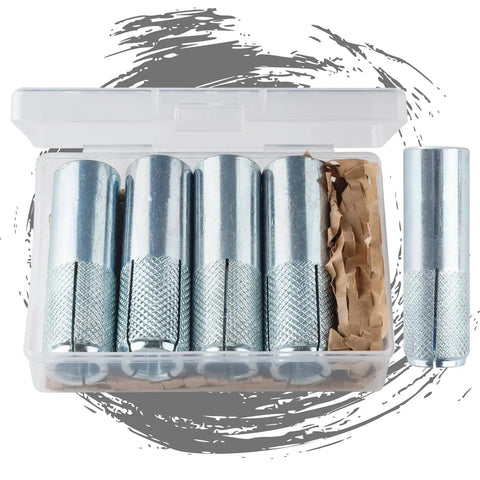 Drop-In Anchors Set, 50 Pc, 1/2 Inch By 13 Zinc-Plated For Concrete in plastic box, side view with open lid