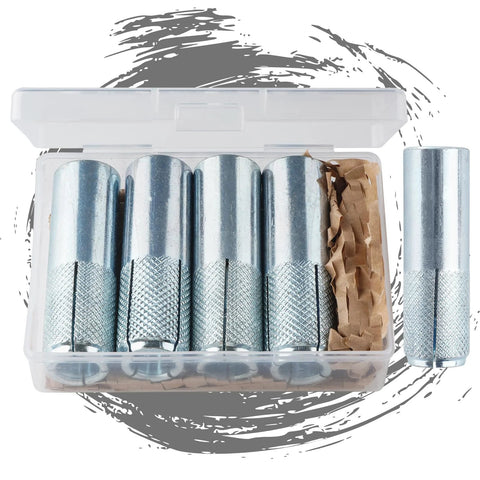 Drop-In Anchors 1/4-20 Zinc-Plated For Concrete, 100 Pieces in a plastic box, showcasing front view of industrial-strength expansion bolts.