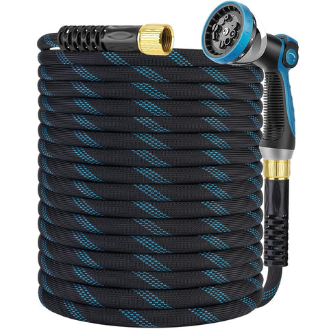 KETTOYA 100 ft non-expanding garden hose, black with blue stripe and blue spray nozzle, brass swivel connectors