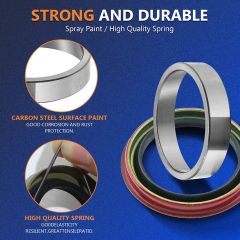 Close-up of Six Piece Front Wheel Bearing And Seal Kit Assembly For Chevy Camaro Caprice Chevelle El Camino Malibu Monte Carlo Nova And G10 G20 Vans Fits 1969 Through 1978 Models Front Hub Replacement Set showing carbon steel and durable spring.