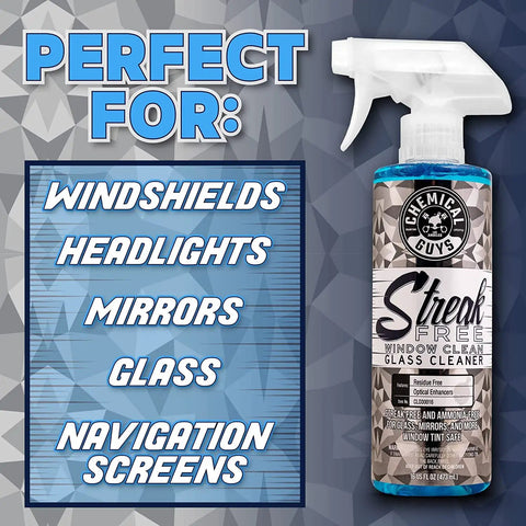 Streak Free Glass And Window Cleaner That Delivers Crystal Clear Windows For Car, Truck, SUV And Home, Mirrors And Navigation Screens, Ammonia Free And Safe On Tinted Glass 473 Ml From Chemical Guys in a spray bottle with uses listed.