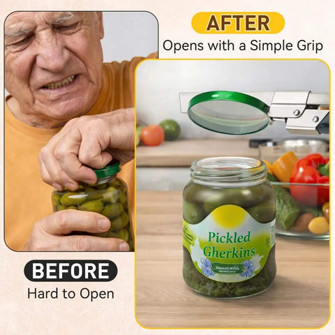 Four Piece Adjustable Jar Opener Set With Gripper And Mason Jar Lid Openers For Arthritis Relief use demonstration with pickles jar.