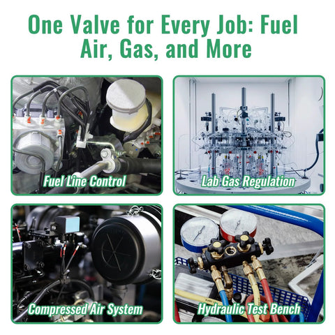 Needle valve fuel line control system with metal fittings and hoses.
Lab gas regulation apparatus with multiple regulators and tubing.
Compressed air system components with motor and piping.
Hydraulic test bench with gauges and brass fittings.