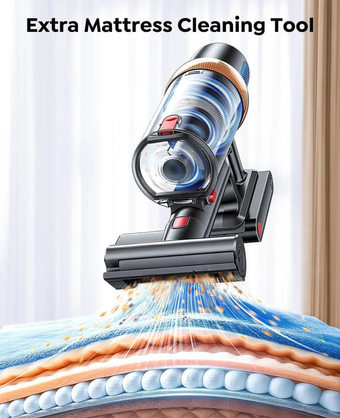 Cordless vacuum cleaner with mattress cleaning tool; black/gray body, transparent cyclone, 650W, self-standing