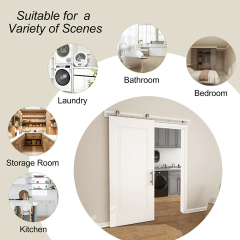 36x84 Sliding Barn Door Kit, 1 Panel White Primed Interior Closet Door With Satin Nickel 6ft Hardware in a modern room