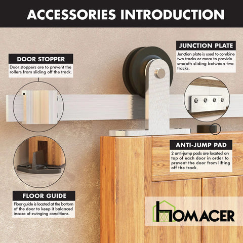 Components of Brushed Nickel Non Bypass Sliding Barn Door Hardware Kit For Two Doors, 11 Foot Flat Track With T Shape Rollers