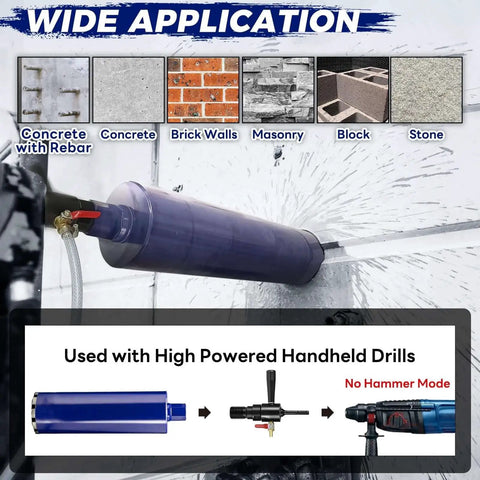 Heavy Duty 2-1/2 Inch Wet Core Drill Bit Kit With SDS Plus Water Injection Adapter And 14 Inch Depth in use on concrete wall