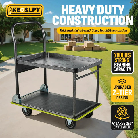 Upgraded 700 Lbs Capacity Push Cart Dolly with Foldable Platform Two Tier Heavy Duty Flatbed Cart on wheels outdoors