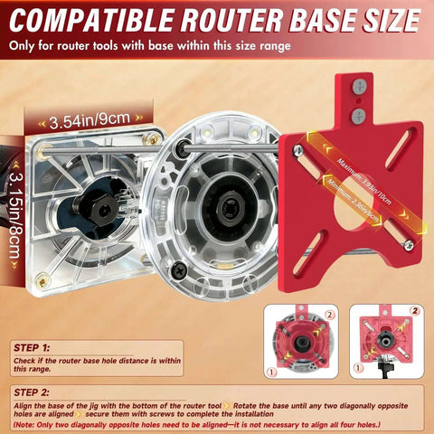 4 In 1 Router Milling Groove Bracket And Circle Cutting Jig In Aluminum Alloy Adjustable Router Guide For Woodworking Pro Grade Circle Cutter Jig For Precise Cuts Rose Red with compatibility instructions showing base and size measurements.