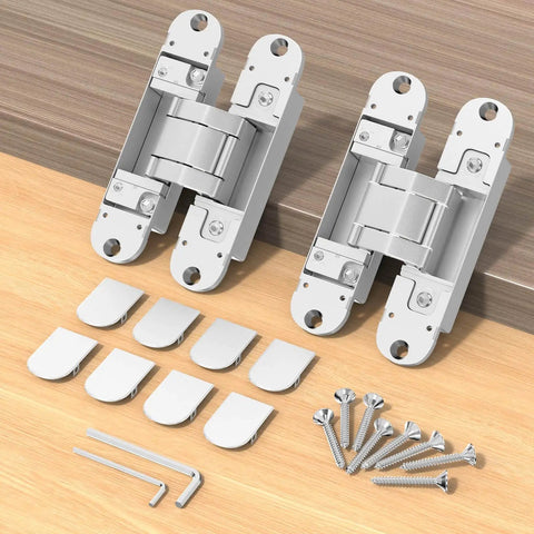 Hidden Door Hinges 5.5 Inch Open 180 Degrees, 3 Way Adjustable Invisible Butt Hinge for Secret Doors and Bookshelf Doors, Silent Smooth Operation, Universal Left Right Fit, 2 Pack, Silver, laid out on a wooden surface with screws and tools.