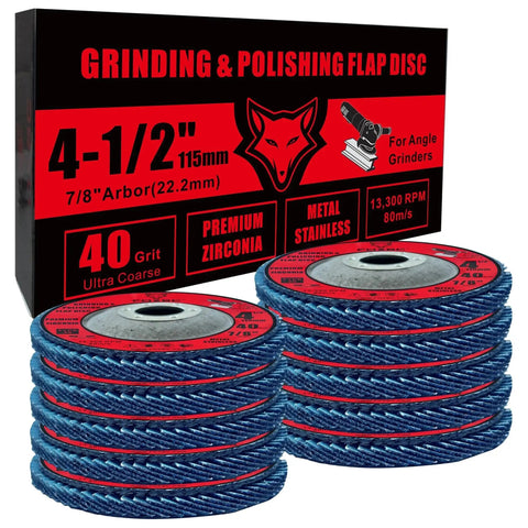 Pro Grade Heavy Duty Four And A Half Inch Conical Type 29 Flap Disc 40 Grit For Angle Grinder Zirconium Grinding And Polishing Metal And Stainless Steel 10 Pack FOXBC stacked with packaging