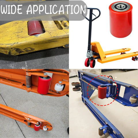 Heavy Duty Pallet Jack Wheel Replacement Kit With PU Tread 3 By 3.75 Inches Preinstalled Bearings on various manual lift trucks