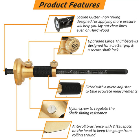 Pro Grade 7 Inch Brass Wheel Marking Gauge Kit With Anti Roll Fence, Micro Adjuster, Metric and Imperial Ruler, Two Extra Cutters And Bolts For Woodworking, Clarke Brothers Scribe Tool For Precise Marking with product features highlighted