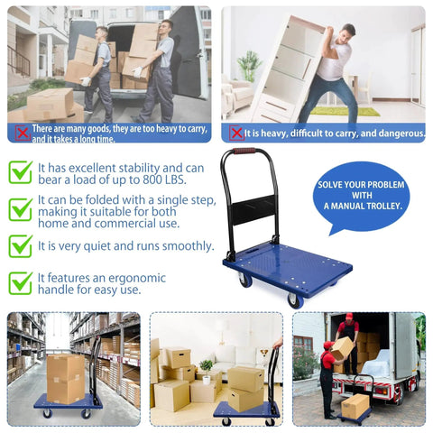 Foldable Push Cart Dolly With 360 Degree Swivel Silent Wheels Heavy Duty Moving Platform for easy transport of heavy items.