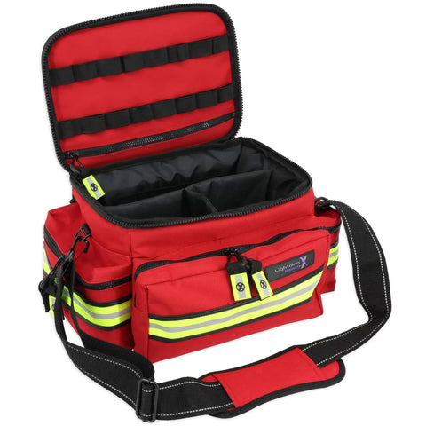 Open Mid Sized First Responder EMT Bag Fully Stocked With Over 240 First Aid EMS And Trauma Supplies Red Lightning X LXMB25