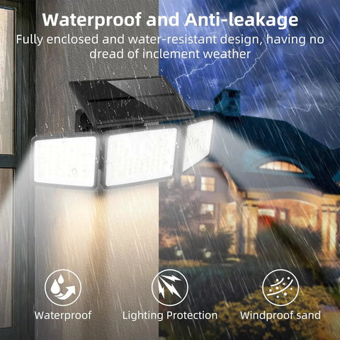 Solar 3 Head Motion Sensor Lights 270 Wide Area IP65 Outdoor Security 3 Modes installed on exterior wall