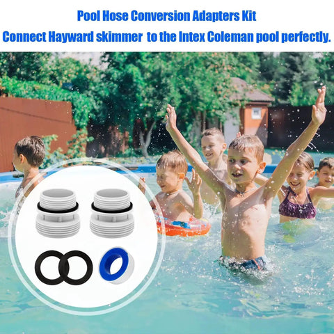 40Mm To 1-1/2 Inch Or 1-1/4 Inch Pool Hose Adapter Kit next to children playing in an above-ground pool
