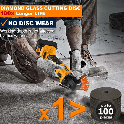 Worker cutting concrete with an angle grinder using a heavy duty diamond cutting wheel 4.5 inch with seven eighths inch arbor.