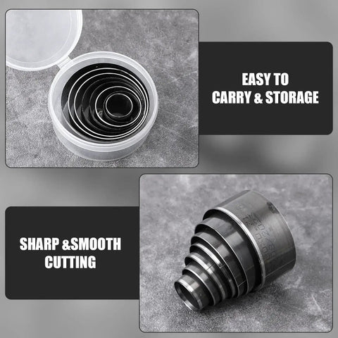 21 Piece Leather Circle Cutter Set with circle punches, stored in a compact case, showcasing sharp, smooth cutting high carbon steel tools.