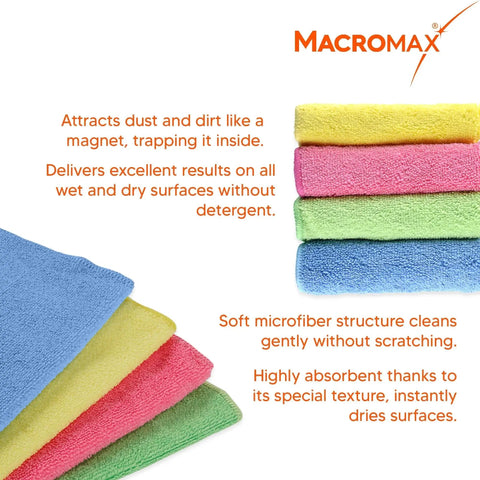 Colorful ultra absorbent microfiber cleaning cloths pack of 10 for glass counters with product features highlighted
