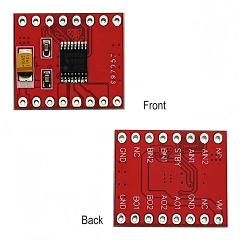 Front and back view of Six Pack DRV8833 Dual DC Motor Driver Module H Bridge Board for Arduino with pin layout