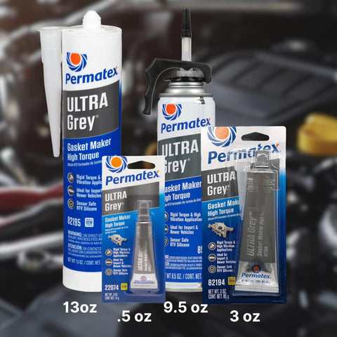 Permatex Ultra Grey gasket maker; high-torque RTV silicone for automotive use, shown in multiple sizes (13 oz, 9.5 oz, 3 oz, 0.5 oz).