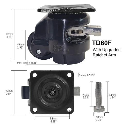 Self Leveling Swivel Caster With Ratchet Handle And Retractable Plate For Workbenches And Machines Heavy Duty Industrial Casters With Nylon Wheels And Leveling Feet For Stable Positioning Black TD60F 2200lbs.