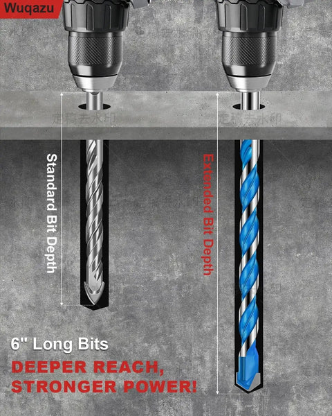 Pro Grade Masonry Drill Bit Set Ten Pieces Shockproof Six Inch Carbide Hex Shank for deep drilling in concrete and brick.
