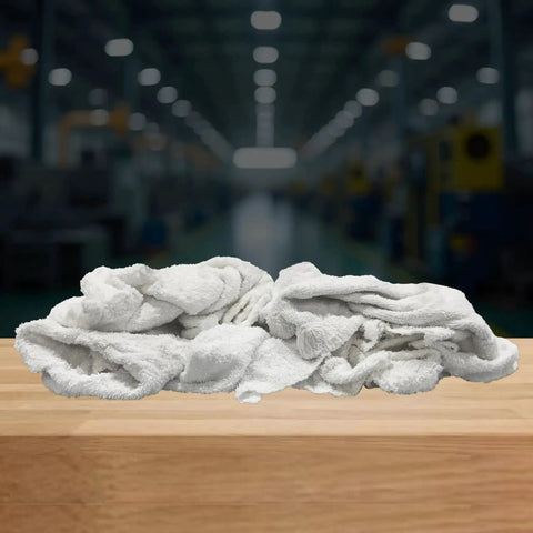 Recycled White Terry Cloth Rags 10 Lb Box High Absorbency Shop Towels in industrial setting