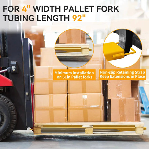 92 Inch Forklift Extensions For 4.5 Inch Wide Forks Heavy Duty Pair installed on forklift with boxes