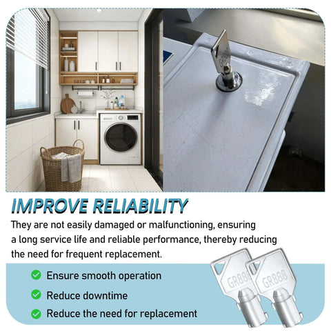 Premium 2 Pack GR888 Washer And Dryer Keys for Greenwald Speed Queen Commercial Coin Operated Machines shown in laundry room