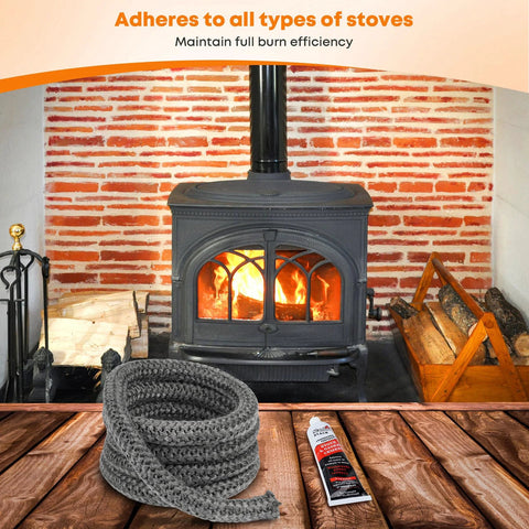 Wood stove gasket rope coil, gray, 3/4x84 in fiberglass with high-temp cement tube.