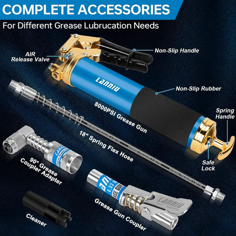Heavy Duty 8000 PSI Pistol Grip Grease Gun Kit With 14 Oz Capacity 0.53 Inch Coupler And 90 Degree Adapter 18 Inch Flexible Hose For Automotive Agricultural Industrial And Marine Maintenance, showing components