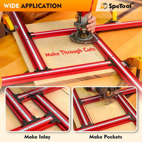 Juice Groove Router Jig For Cutting Boards With Adjustable Templates And Metric Imperial Scales in use on countertop