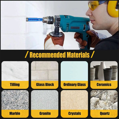 Man using 9 Piece Dry Diamond Drill Bits Set Pro Grade For Glass Ceramic Tile Granite Quartz Stone on wall with recommended materials displayed.