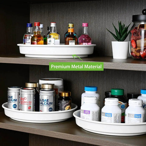 10 Inch Lazy Susan Organizer Set Amolliar 3 Pack in cabinet with spices and cans, white metal rotating tray for easy storage