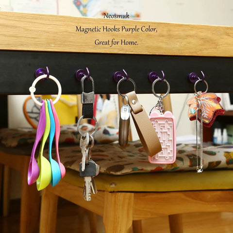 Heavy Duty Magnetic Hooks 30 Pound Capacity Pack Of 10 Purple NdFeB Hangers with CNC steel base holding keys and utensils under table