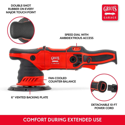 Powerful 1000 Watt Random Orbital Polisher for Car Detailing with dual action buffer, 6 inch backing plate, red ergonomic grip, side view