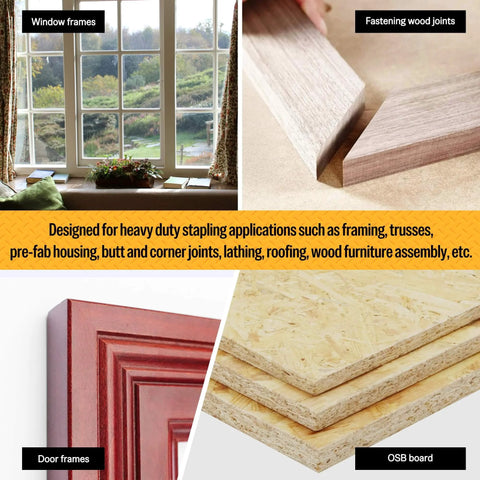 Applications of Corrugated W Shape Fasteners Staples 25 Gauge 1 Inch Crown 3 Eighths Inch Length; woodworking joints, frames.