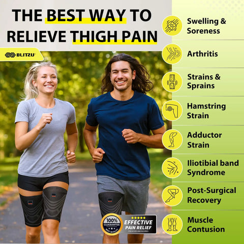 1 Pair Hamstring And Quad Compression Sleeves For Men And Women Upper Leg Thigh Support Anti Slip Running And Workouts Groin And Muscle Recovery Purple XL worn by two runners