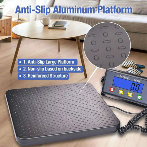 Heavy Duty Digital Postal Scale with 11.8 by 11.8 inch aluminum anti-slip platform, showing scale and digital display